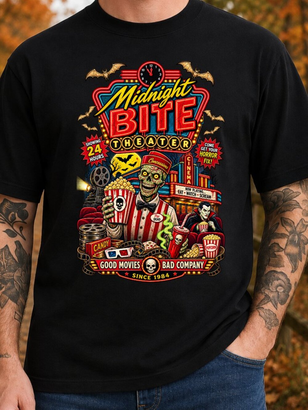 Midnight Bite Theater TShirt Graphic Tee Funny Halloween Skeleton Horror Movies